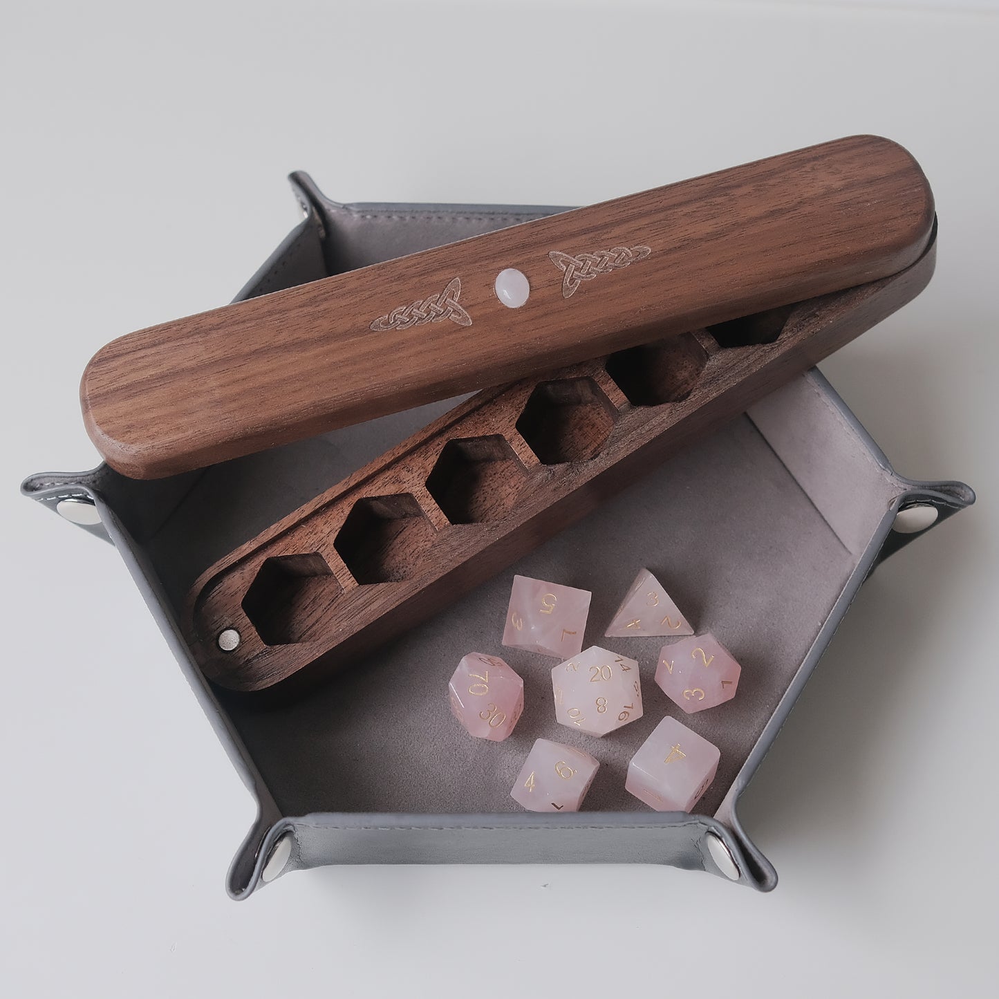 Set di dadi in pietra preziosa di quarzo rosa naturale, scatola di legno combinata 2 