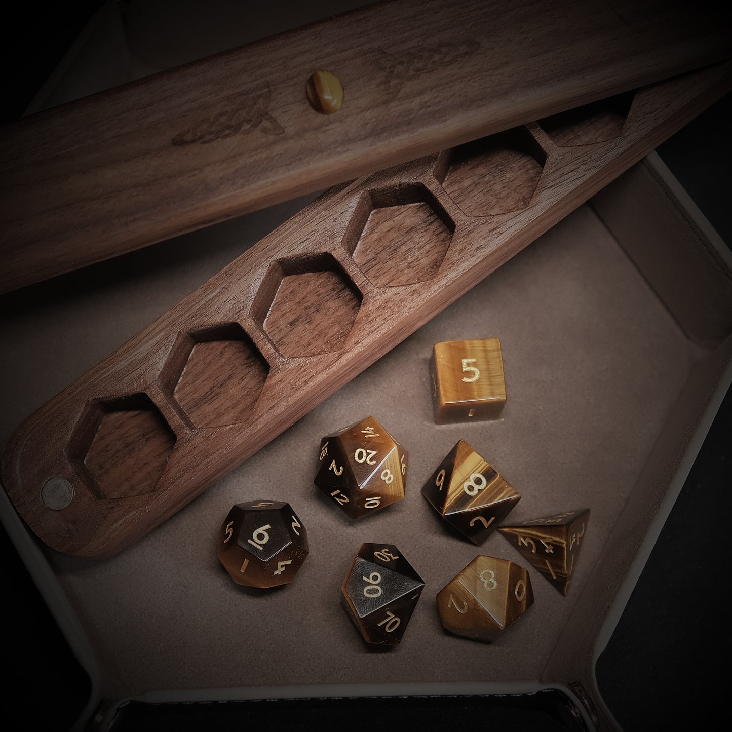 Natural Tiger's Eye Gemstone Dice Set Wooden Box Combo 2