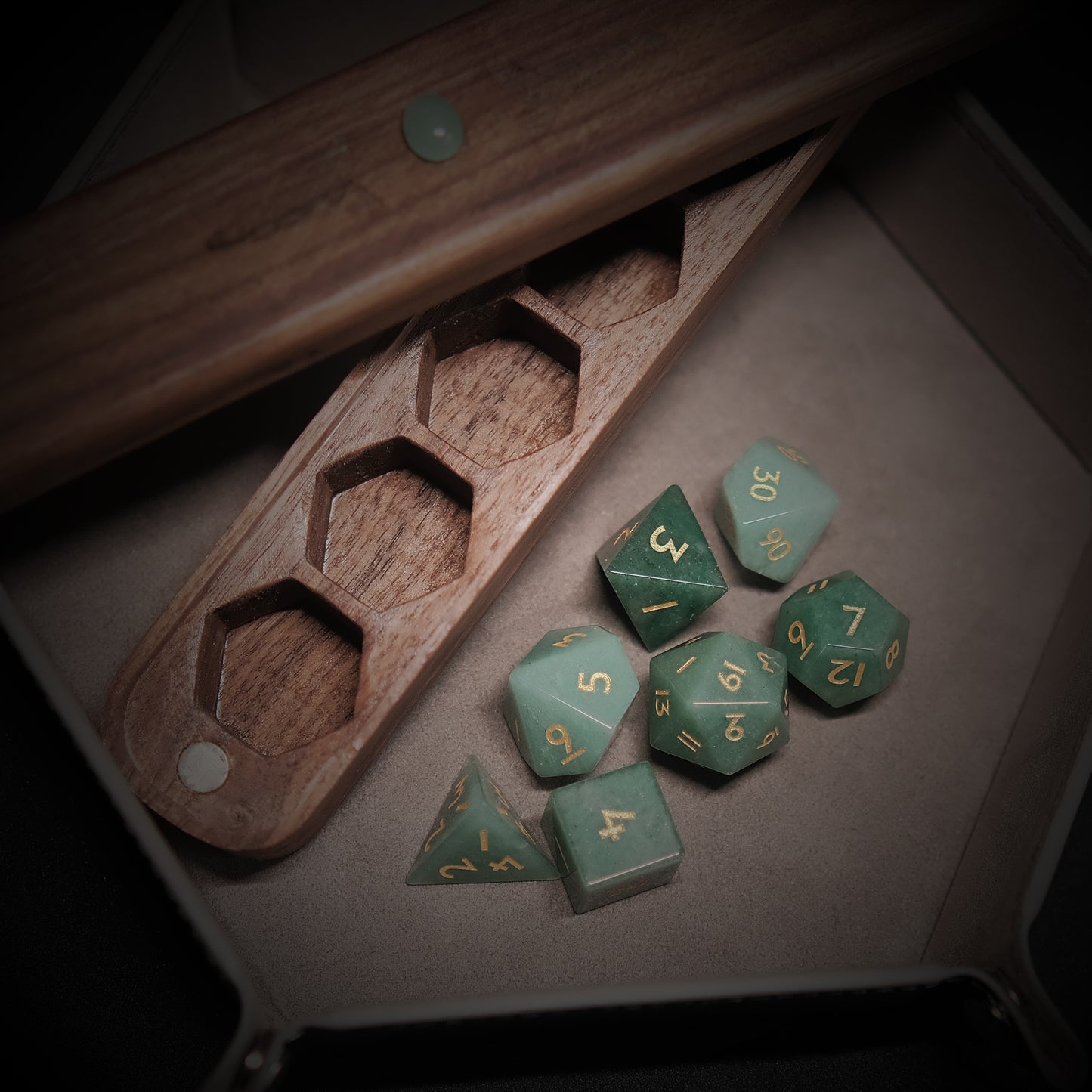 Natural Aventurine Gemstone Dice Set Wooden Box Combo 2