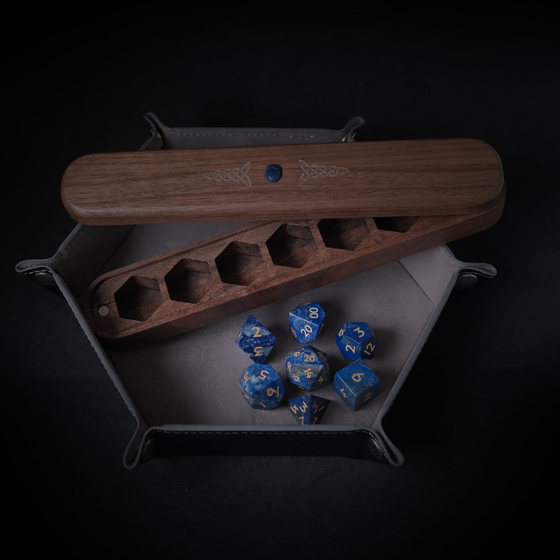 Lapis Lazuli Natural Gemstone Dice Set Wooden Box Combo / Dice Set of 7 / Black Cherry Wood Box / Dice Tray. Game accessories for table-top game, board game and rpg. Gift for game lover