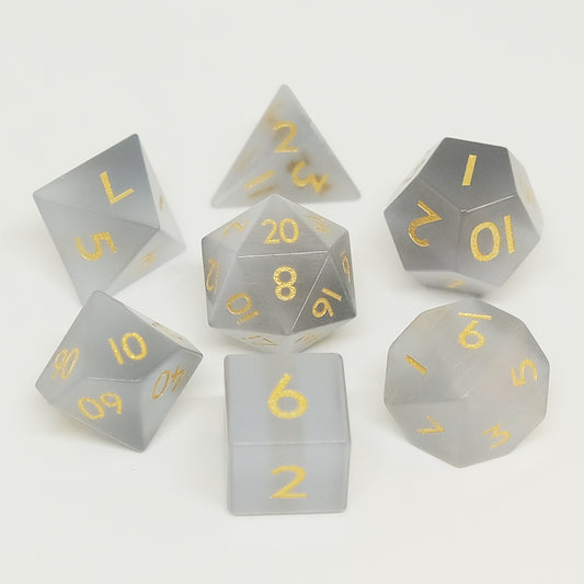 Grey Cat's Eye Gemstone Dice Set of 7 Clearly Font. Game accessories for table-top game, board game and rpg game lover