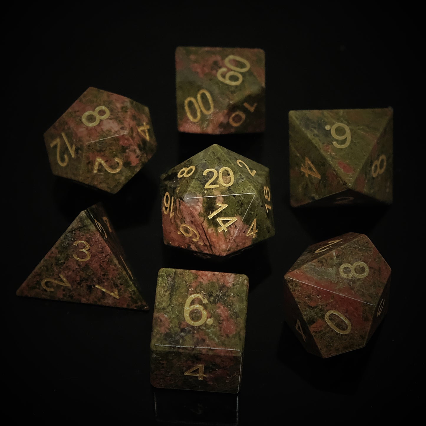 Natural Unakite Gemstone Dice Set of 7. Unique Green Dice. Game accessories for table-top game, board game and rpg. Gift for game lover