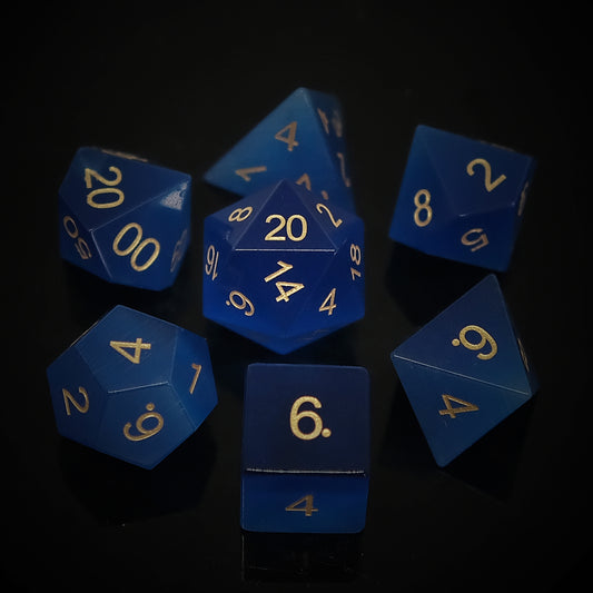 Blue Cat's Eye Gemstone Dice Set of 7 Clearly Font for RPG Game, Dice game, Board game, Gift for gamer