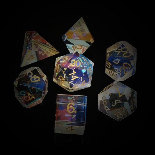 Dichroic Glass Polyhedral Dice Set Gemstone Dice Set of 7.  Game accessories for table-top game, board game and rpg games