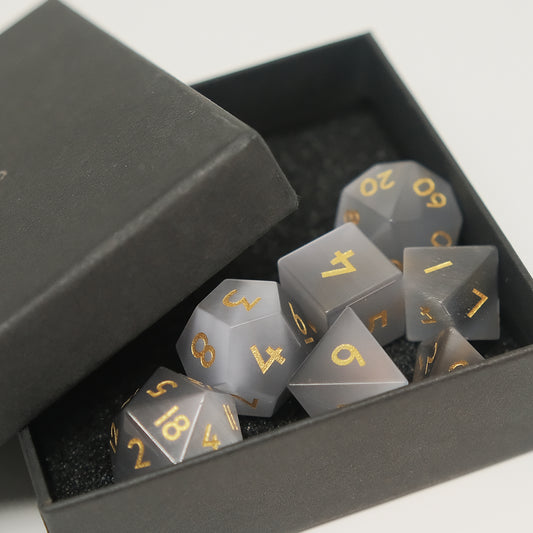 Grey Cat's Eye Gemstone Dice Set of 7 Clearly Font. Game accessories for table-top game, board game and rpg game lover