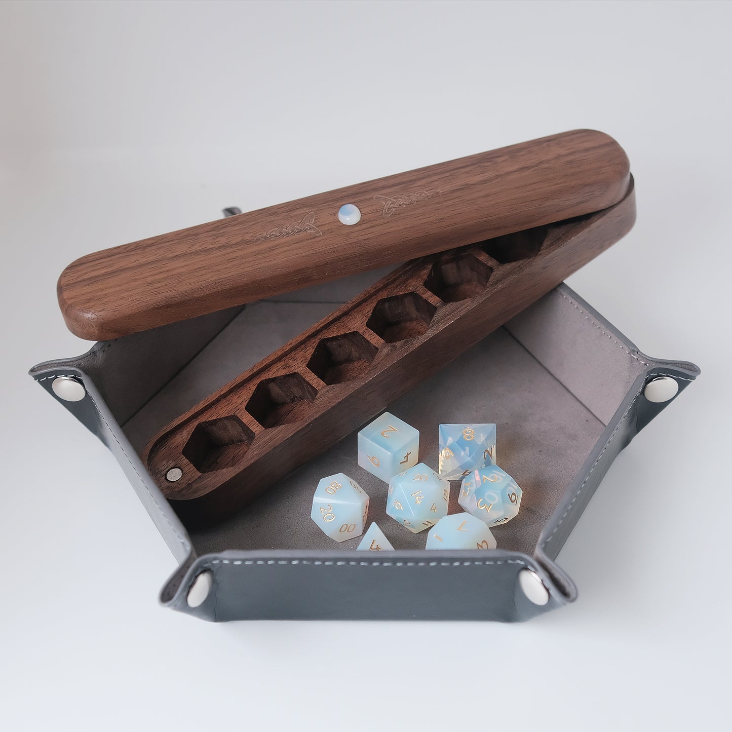 Opalite Gemstone Dice Set Wooden Box Combo / Dice Set of 7 / Black Cherry Wood Box / Dice Tray  for board game, dice game, table-top game, gift for gamer