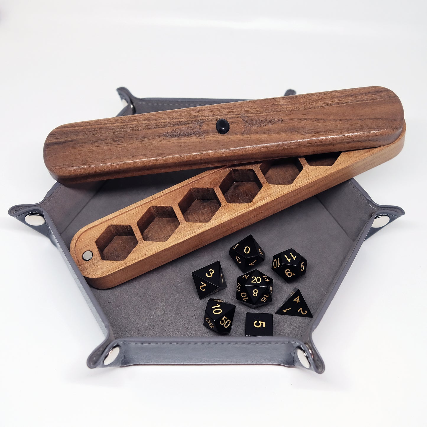 Natural Black Obsidian Dice Set Wooden Box Combo / Dice Set of 7 / Black Cherry Wood Box / Dice Tray. Game accessories for table-top game, board game and rpg. Gift for game lover