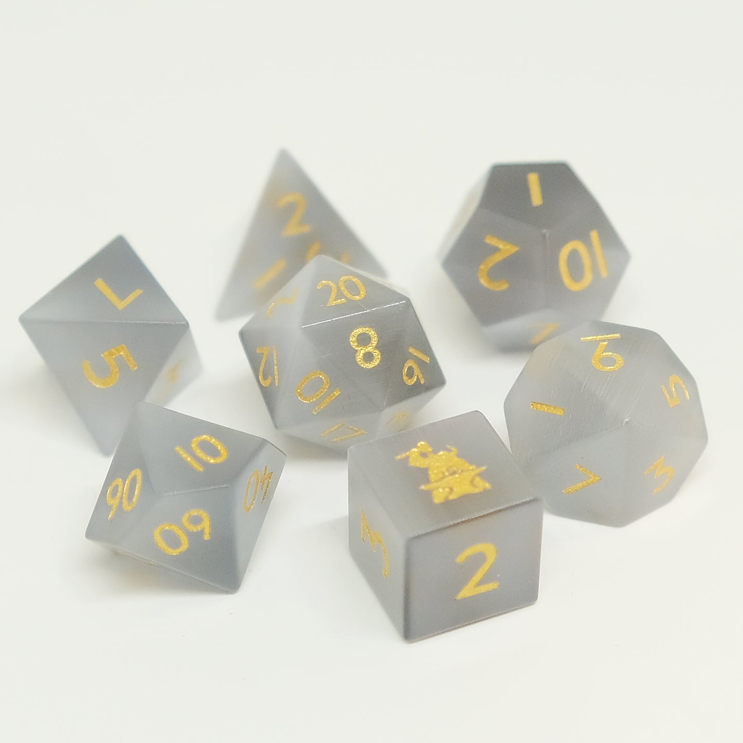 Grey Cat's Eye Gemstone Dice Set of 7 D6 with Logo. Game accessories for table-top game, board game and rpg game lover