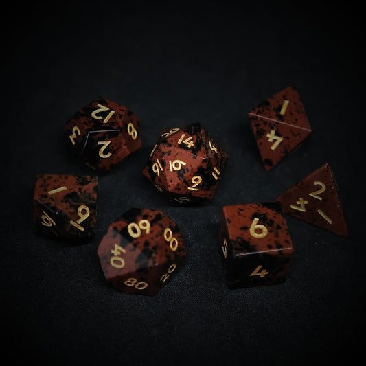 Natural Mahogany Obsidian Golden Swan Gemstone Dice Set of 7 for RPG Table-top Board Game. Gift for Gamer