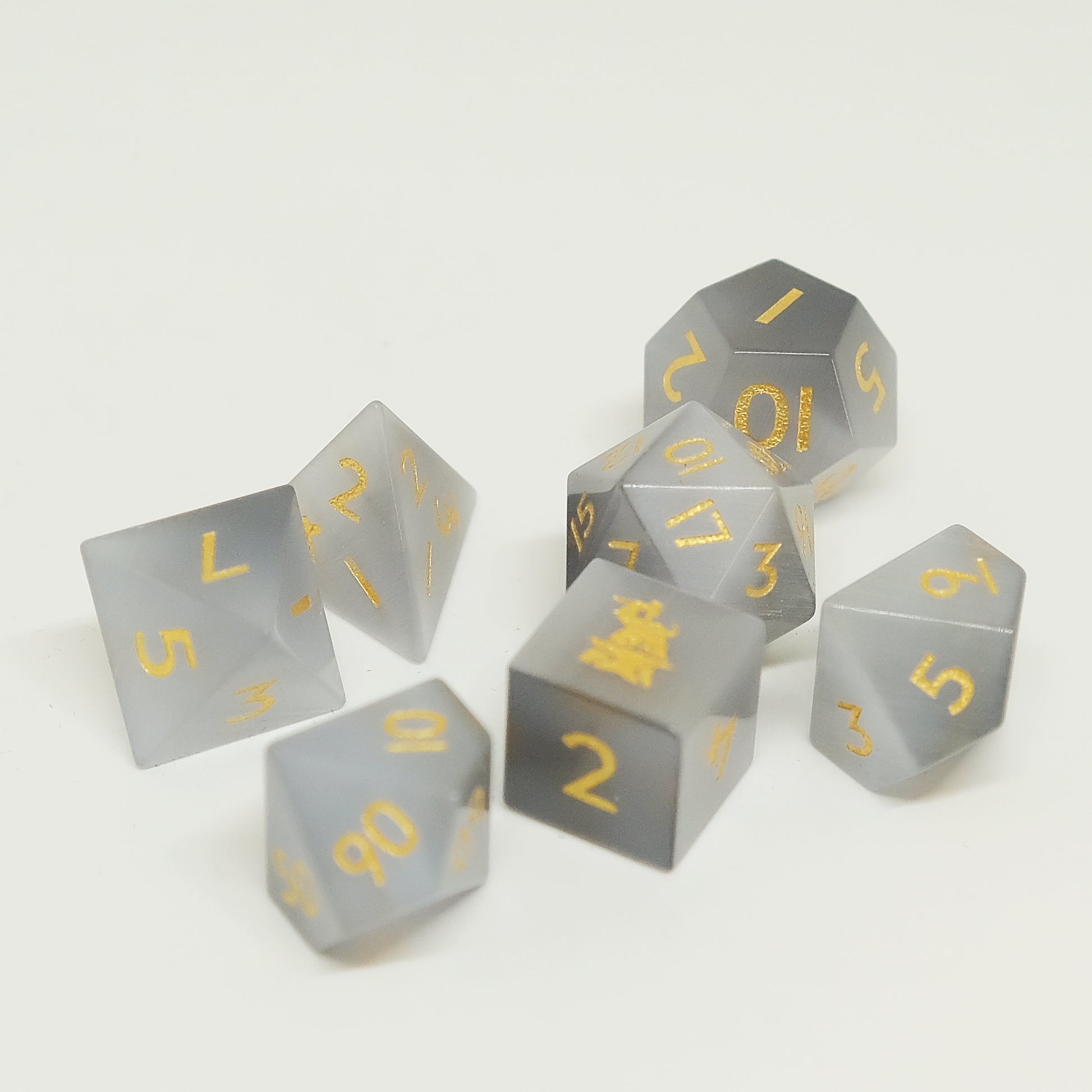 Grey Cat's Eye Gemstone Dice Set of 7 D6 with Logo. Game accessories for table-top game, board game and rpg game lover