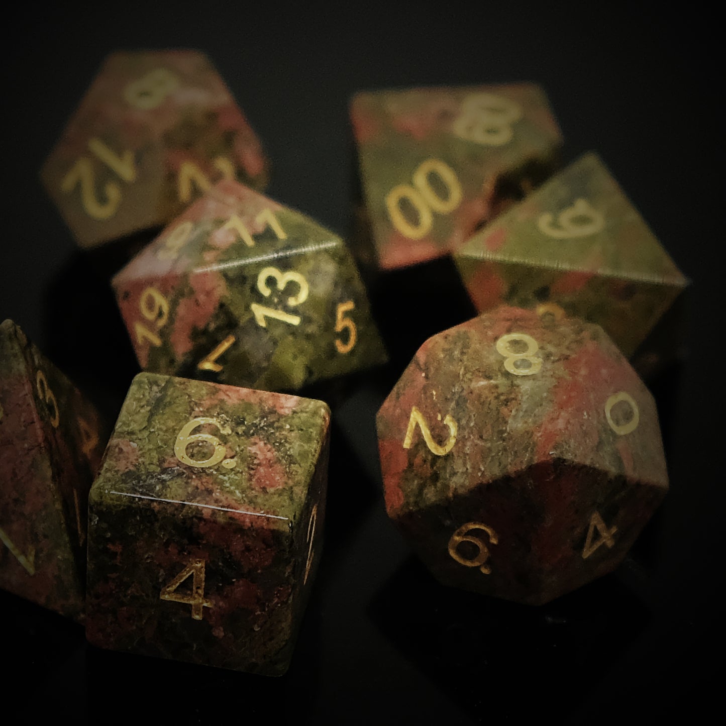 Natural Unakite Gemstone Dice Set of 7. Unique Green Dice. Game accessories for table-top game, board game and rpg. Gift for game lover