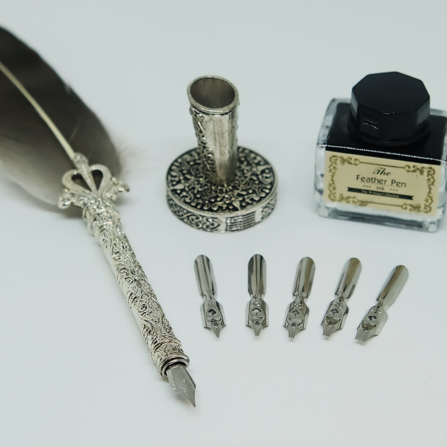 Vintage Style Grey Quill Pen Gift Box Set, with Metal Pen Holder, 5 Nibs and 15ml Black Ink