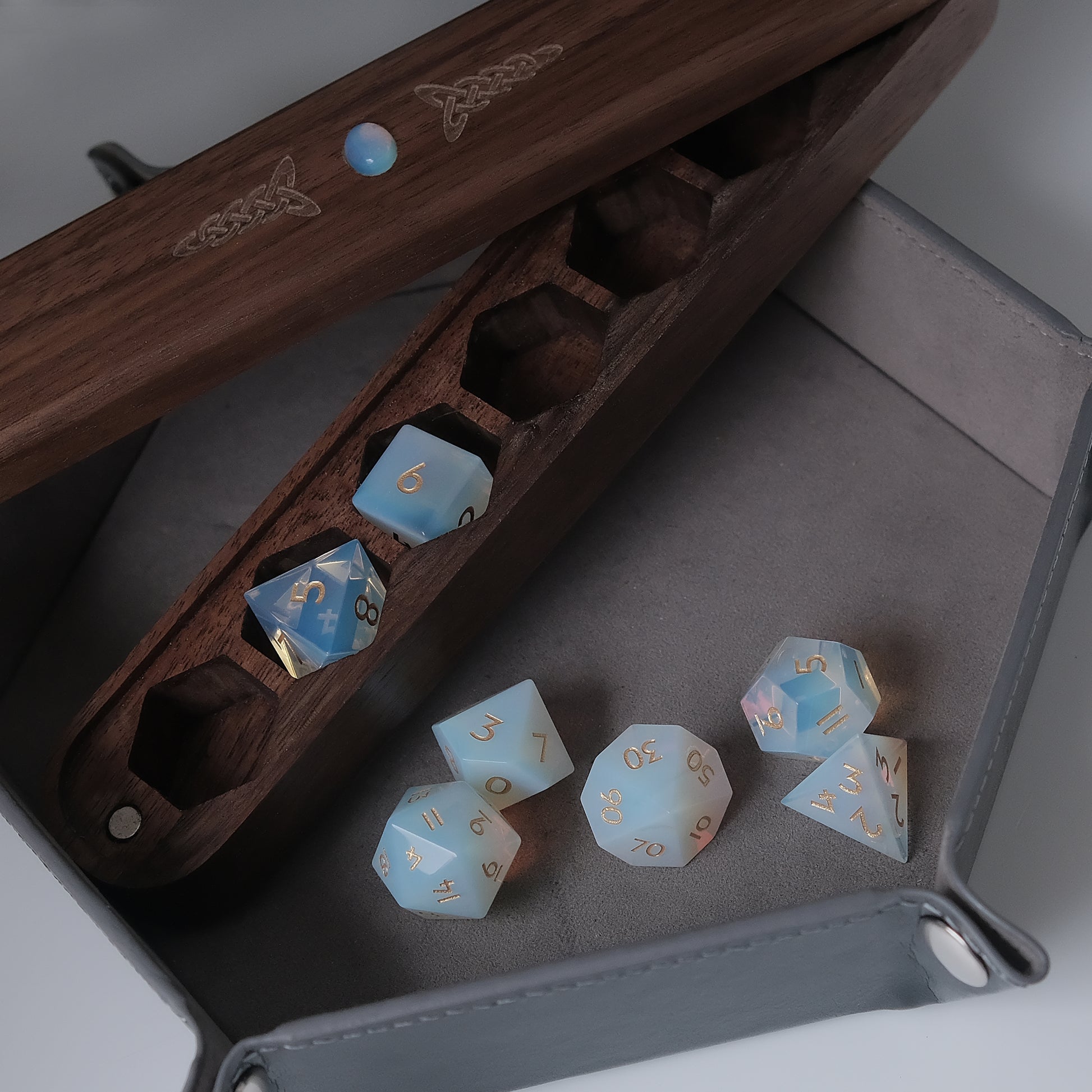 Opalite Gemstone Dice Set Wooden Box Combo / Dice Set of 7 / Black Cherry Wood Box / Dice Tray  for board game, dice game, table-top game, gift for gamer