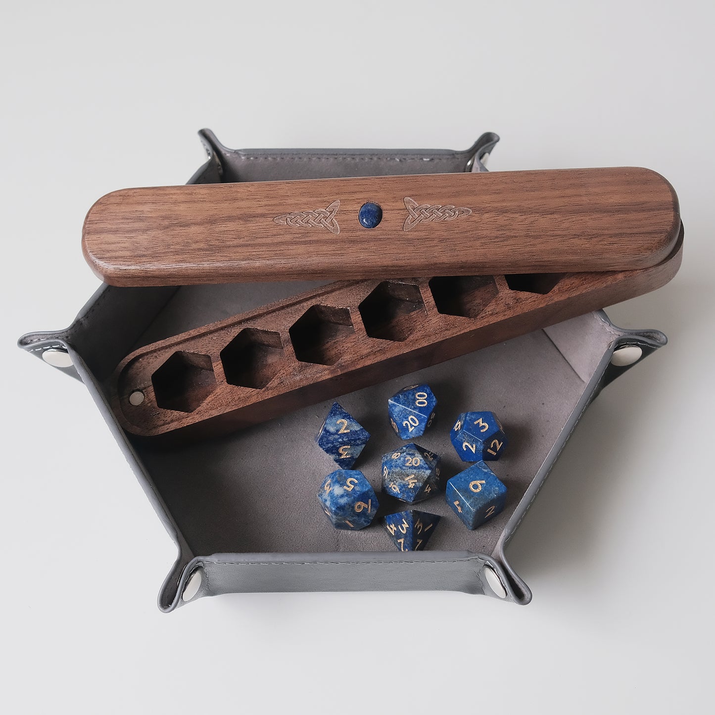 Lapis Lazuli Natural Gemstone Dice Set Wooden Box Combo / Dice Set of 7 / Black Cherry Wood Box / Dice Tray. Game accessories for table-top game, board game and rpg. Gift for game lover