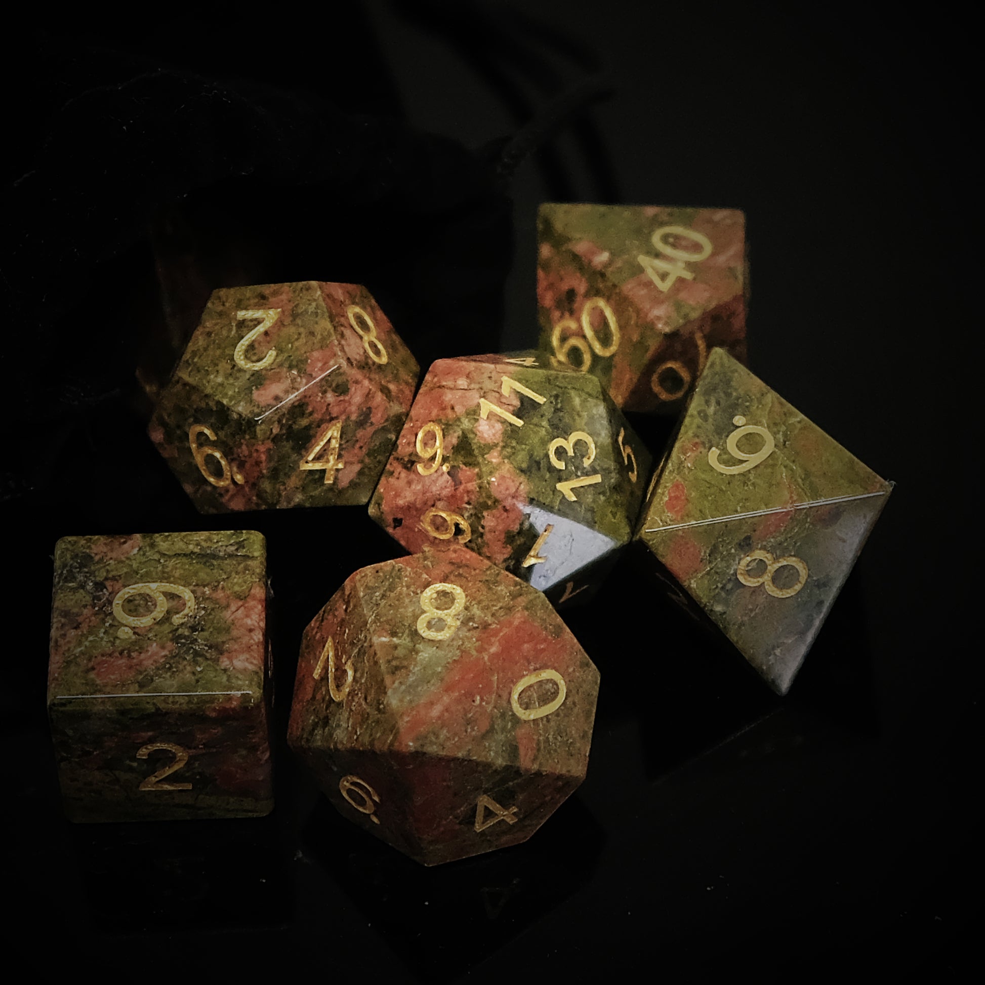 Natural Unakite Gemstone Dice Set of 7. Unique Green Dice. Game accessories for table-top game, board game and rpg. Gift for game lover