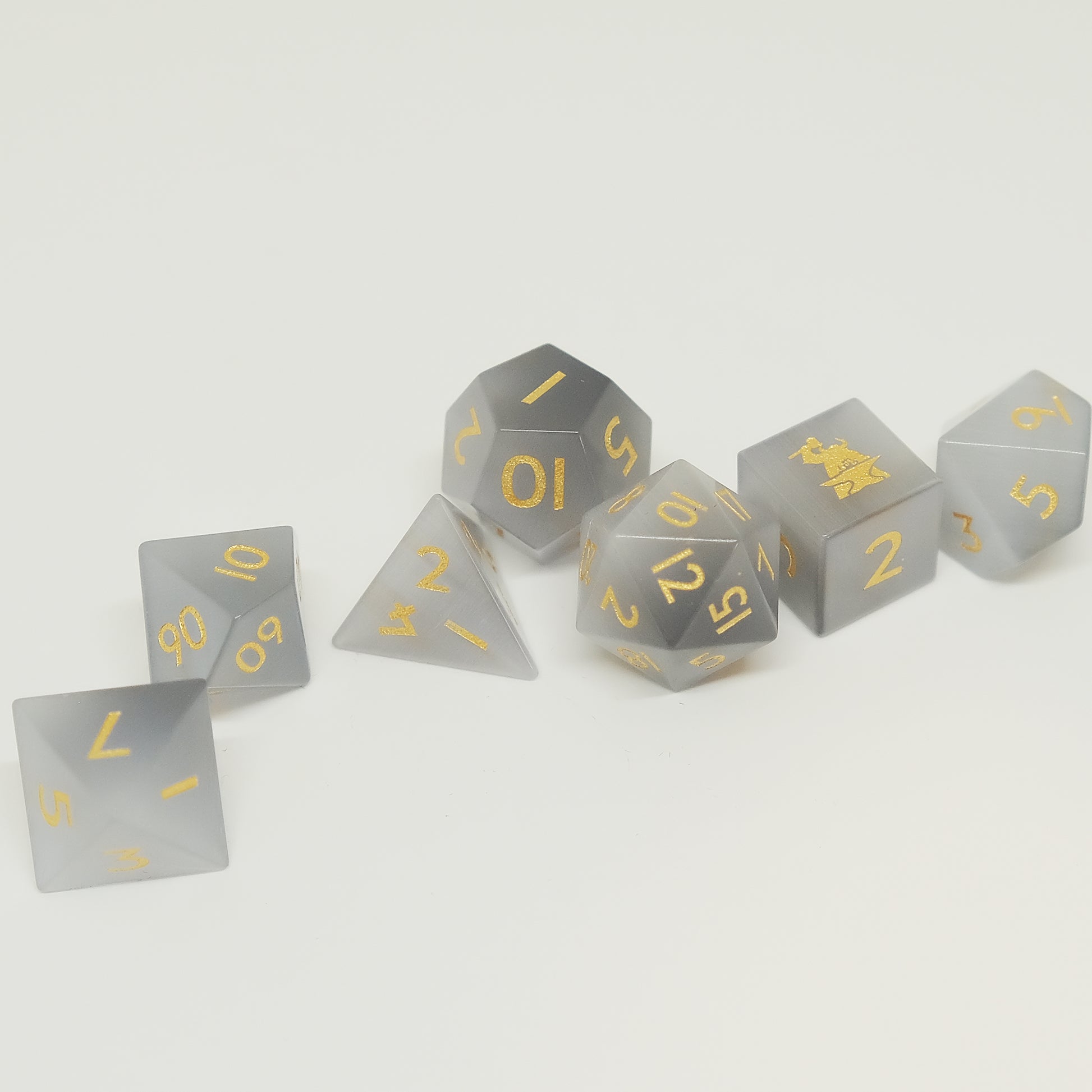 Grey Cat's Eye Gemstone Dice Set of 7 D6 with Logo. Game accessories for table-top game, board game and rpg game lover