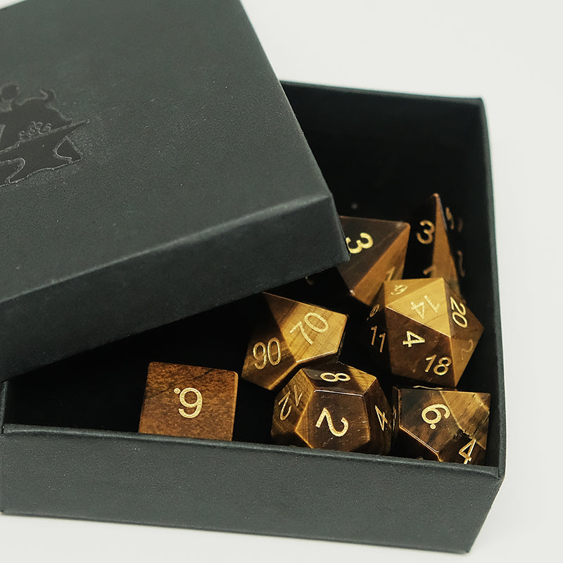 Natural Tiger's Eye Gemstone Dice Set of 7. Game accessories for table-top game, board game and rpg. Gift for game lover