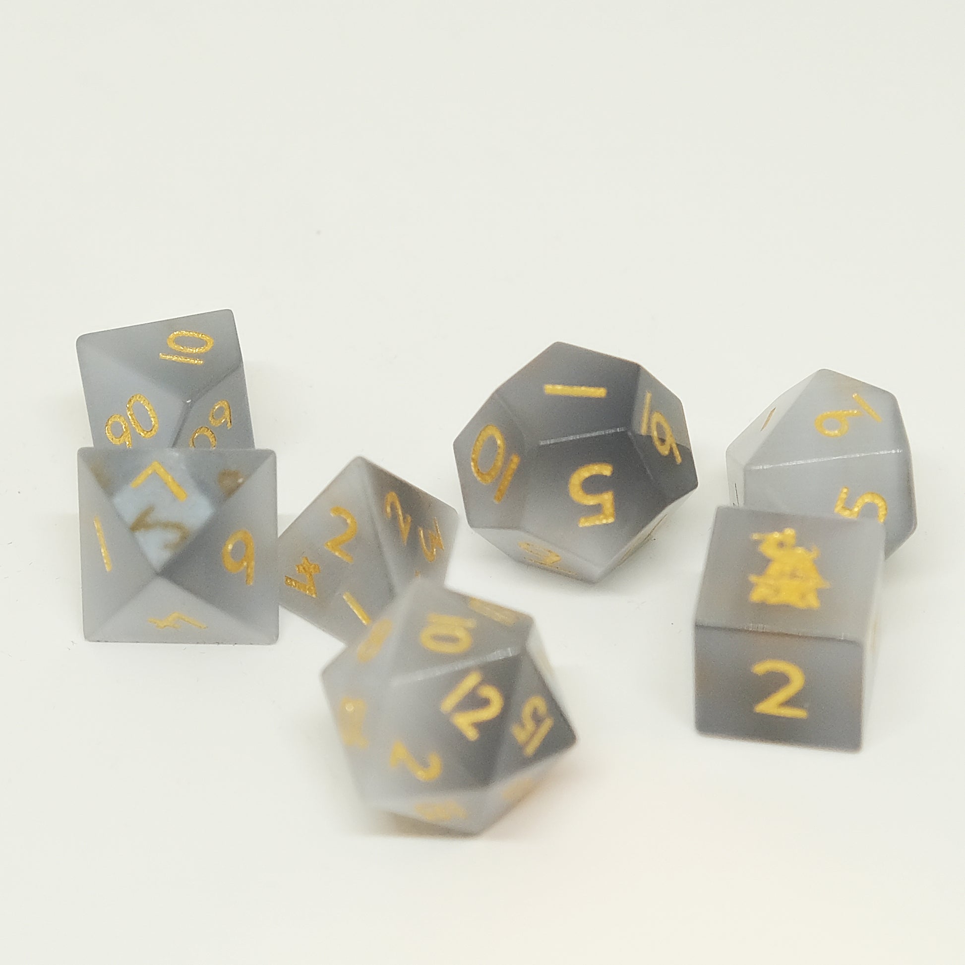 Grey Cat's Eye Gemstone Dice Set of 7 D6 with Logo. Game accessories for table-top game, board game and rpg game lover