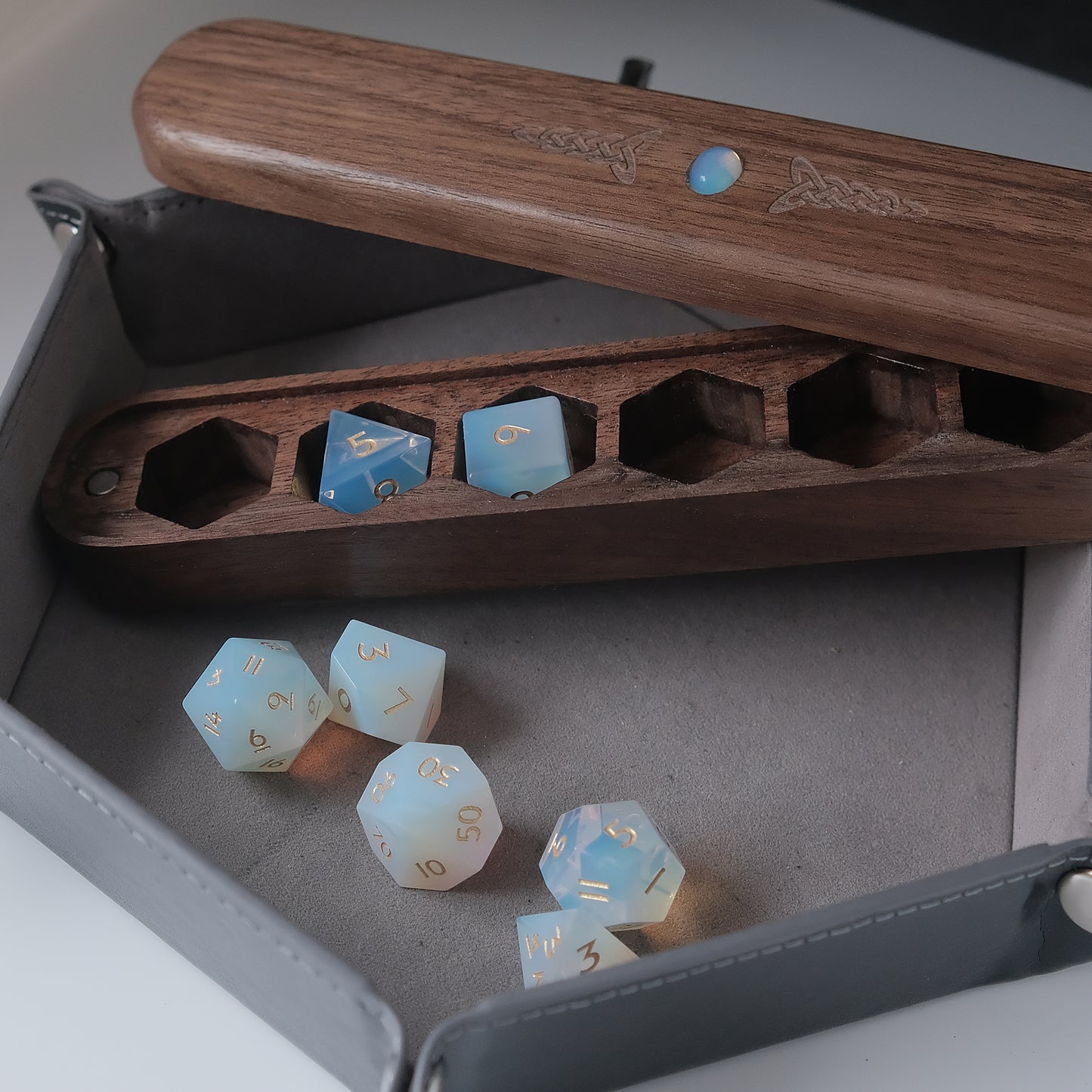 Opalite Gemstone Dice Set Wooden Box Combo / Dice Set of 7 / Black Cherry Wood Box / Dice Tray  for board game, dice game, table-top game, gift for gamer