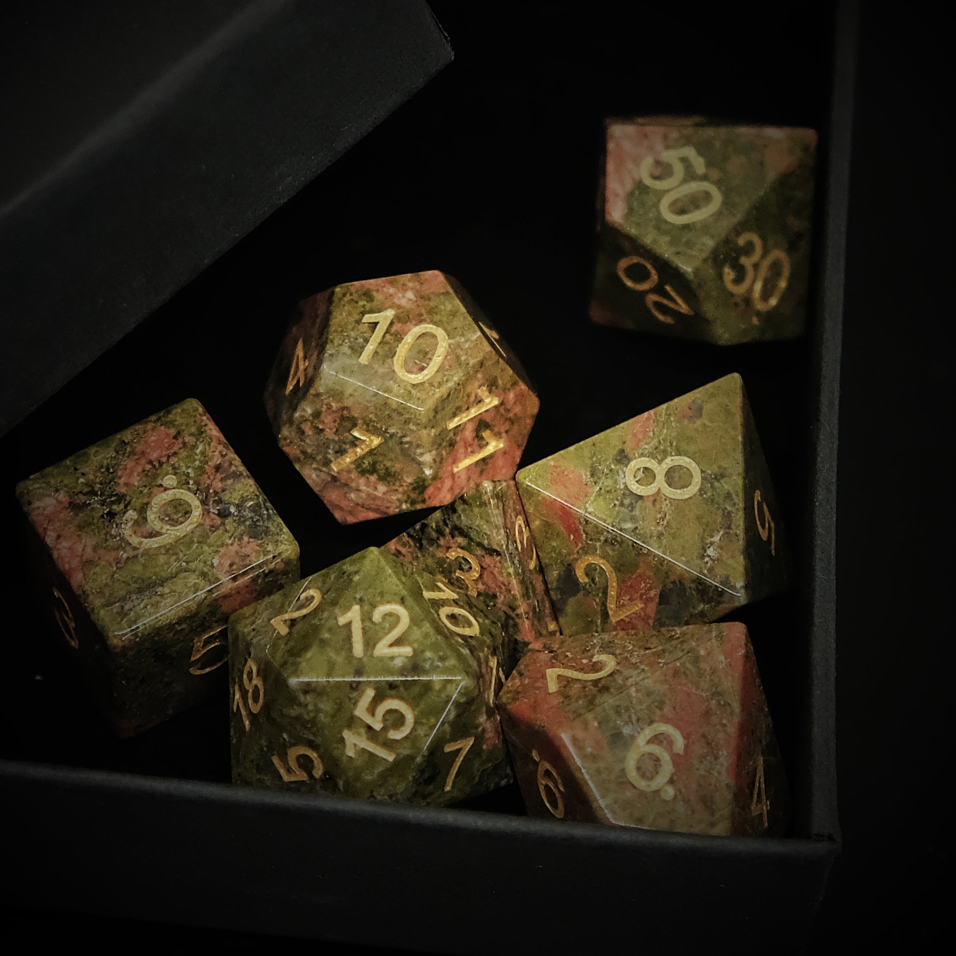 Natural Unakite Gemstone Dice Set of 7. Unique Green Dice. Game accessories for table-top game, board game and rpg. Gift for game lover