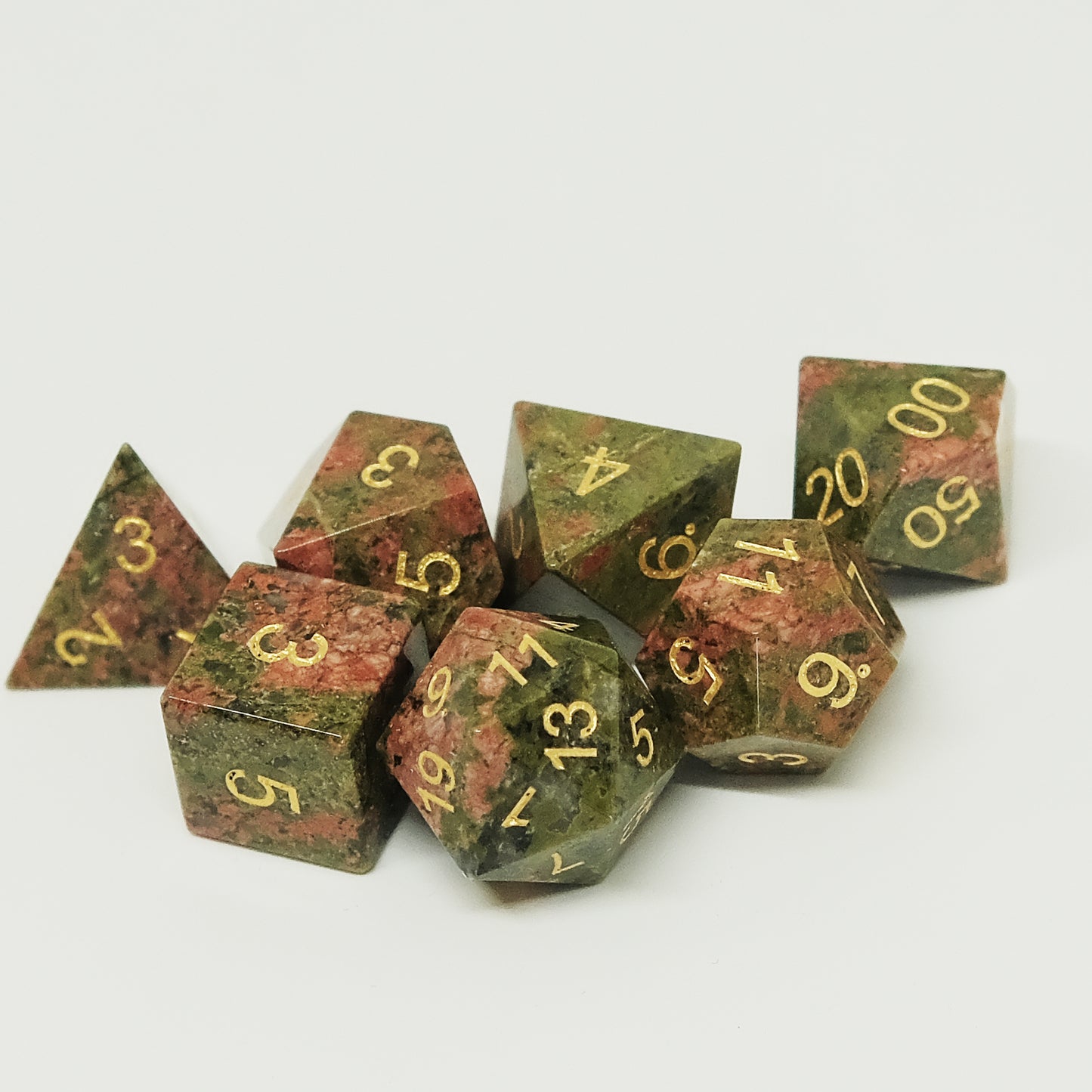 Natural Unakite Gemstone Dice Set of 7. Unique Green Dice. Game accessories for table-top game, board game and rpg. Gift for game lover