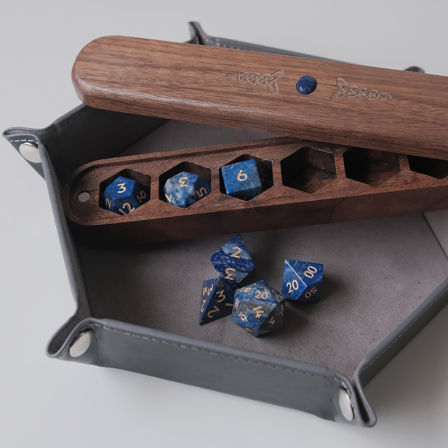 Lapis Lazuli Natural Gemstone Dice Set Wooden Box Combo / Dice Set of 7 / Black Cherry Wood Box / Dice Tray. Game accessories for table-top game, board game and rpg. Gift for game lover