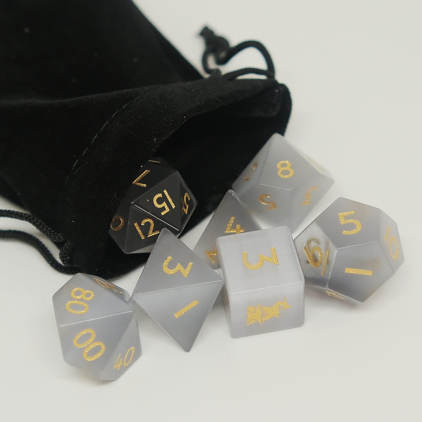 Grey Cat's Eye Gemstone Dice Set of 7 D6 with Logo. Game accessories for table-top game, board game and rpg game lover