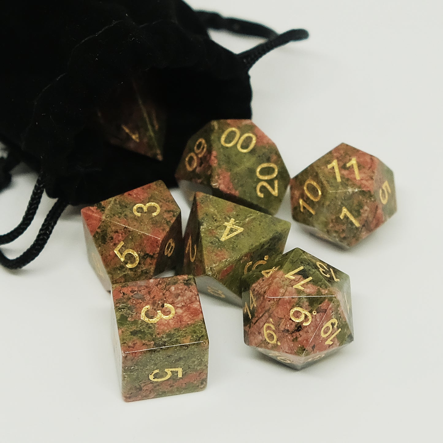 Natural Unakite Gemstone Dice Set of 7. Unique Green Dice. Game accessories for table-top game, board game and rpg. Gift for game lover