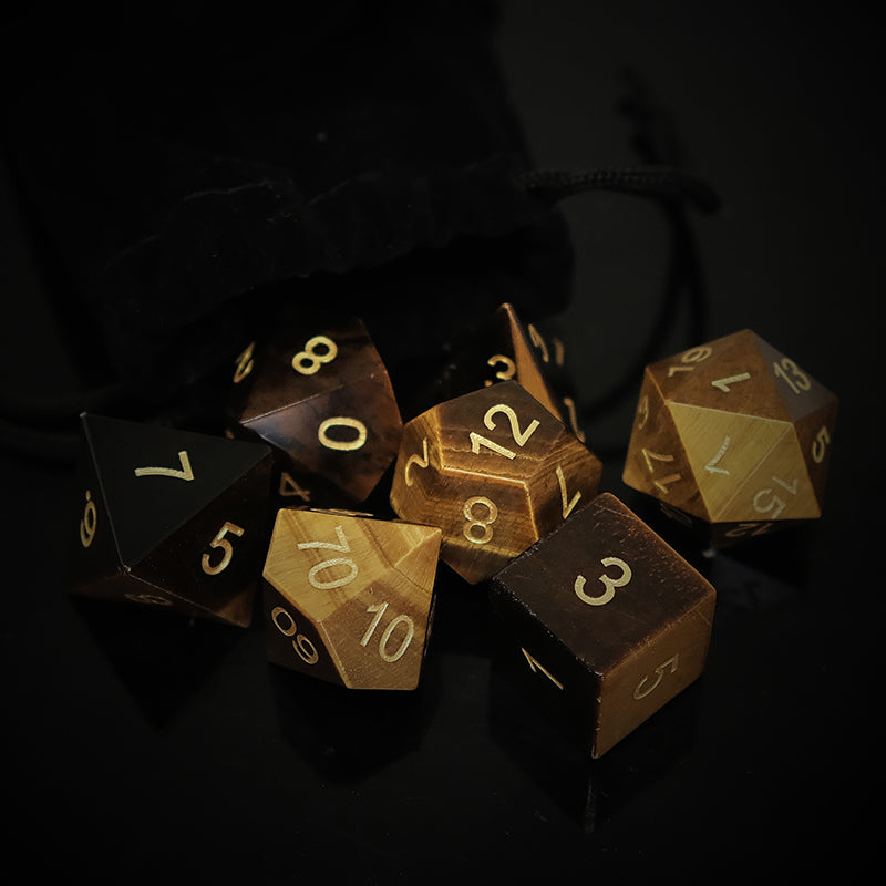 Natural Tiger's Eye Gemstone Dice Set of 7. Game accessories for table-top game, board game and rpg. Gift for game lover