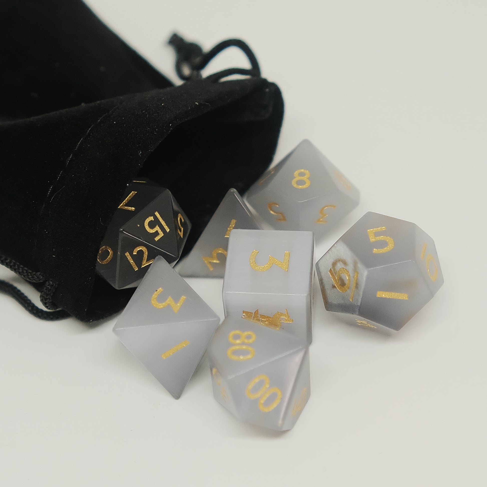 Grey Cat's Eye Gemstone Dice Set of 7 D6 with Logo. Game accessories for table-top game, board game and rpg game lover