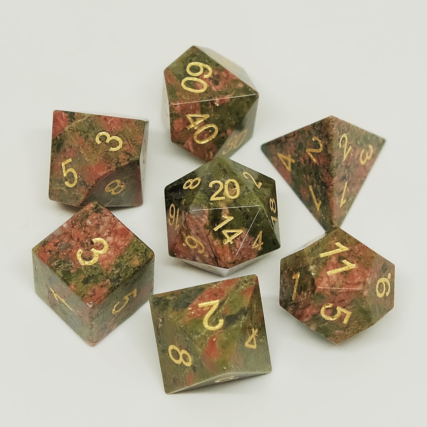 Natural Unakite Gemstone Dice Set of 7. Unique Green Dice. Game accessories for table-top game, board game and rpg. Gift for game lover