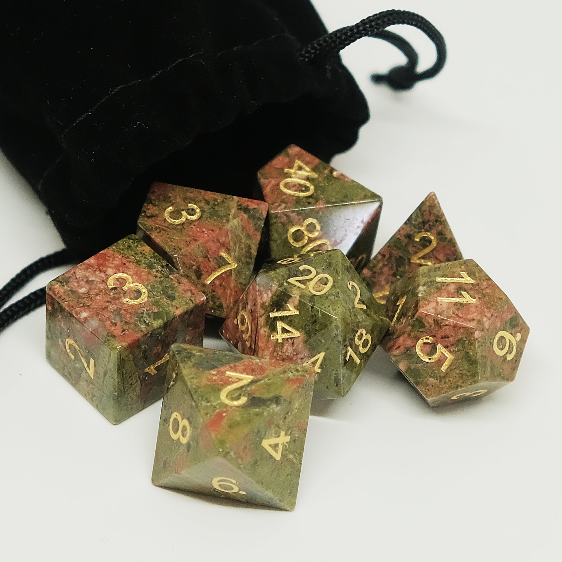 Natural Unakite Gemstone Dice Set of 7. Unique Green Dice. Game accessories for table-top game, board game and rpg. Gift for game lover