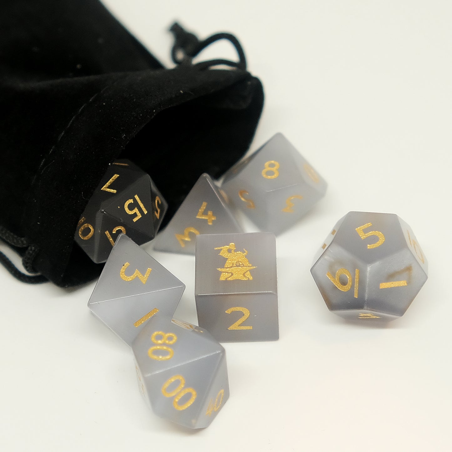 Grey Cat's Eye Gemstone Dice Set of 7 D6 with Logo. Game accessories for table-top game, board game and rpg game lover