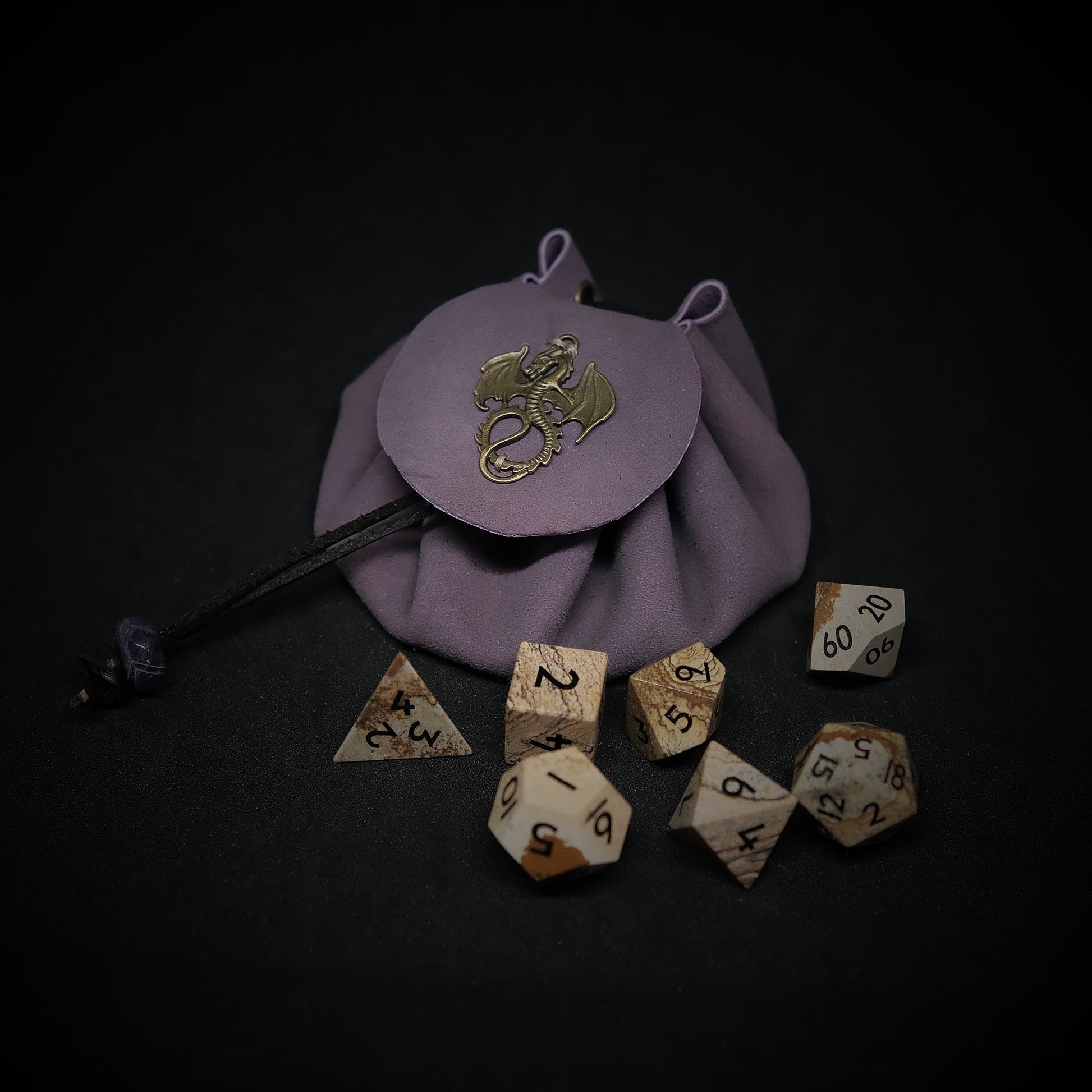 Handmade Purple Leather Metal Dragon Dice Bag Suitable For 3 Sets Of Dice Attached Amethyst Accessory. Game accessories for table-top game, board game and rpg game lover