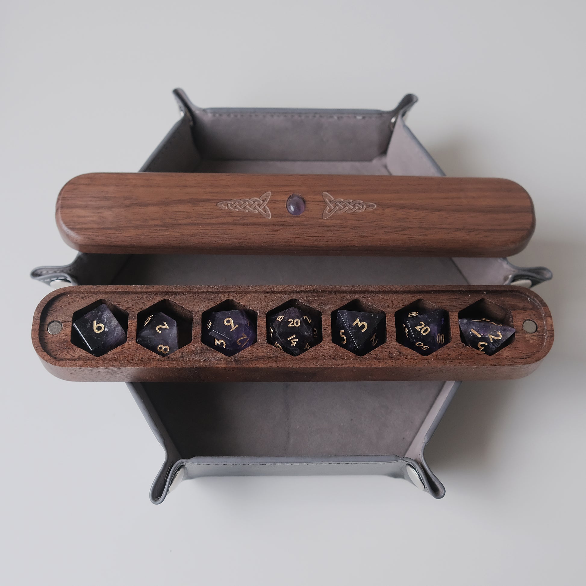 Natural Amethyst Gemstone Dice Set Wooden Box Combo / Dice Set of 7 / Black Cherry Wood Box / Dice Tray. Game accessories for table-top game, board game and rpg. Gift for game lover