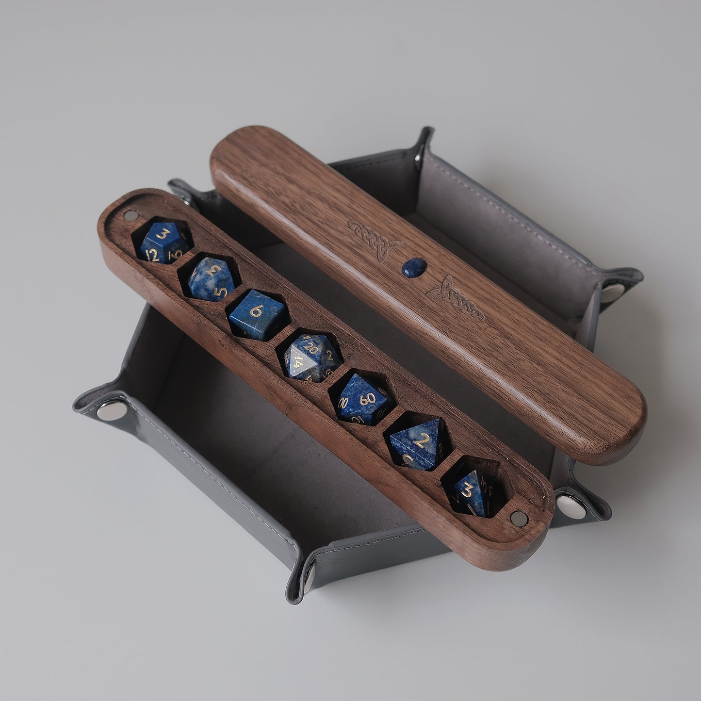 Lapis Lazuli Natural Gemstone Dice Set Wooden Box Combo / Dice Set of 7 / Black Cherry Wood Box / Dice Tray. Game accessories for table-top game, board game and rpg. Gift for game lover