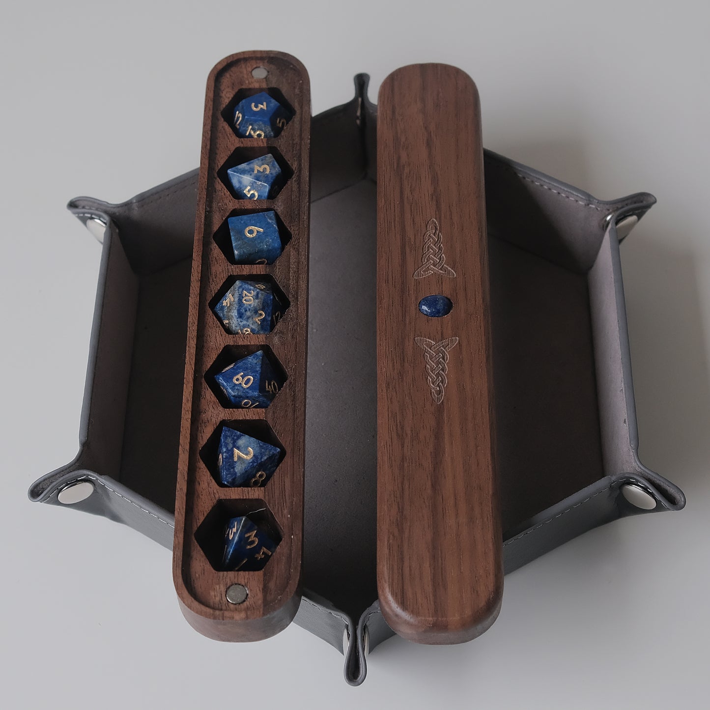 Lapis Lazuli Natural Gemstone Dice Set Wooden Box Combo / Dice Set of 7 / Black Cherry Wood Box / Dice Tray. Game accessories for table-top game, board game and rpg. Gift for game lover