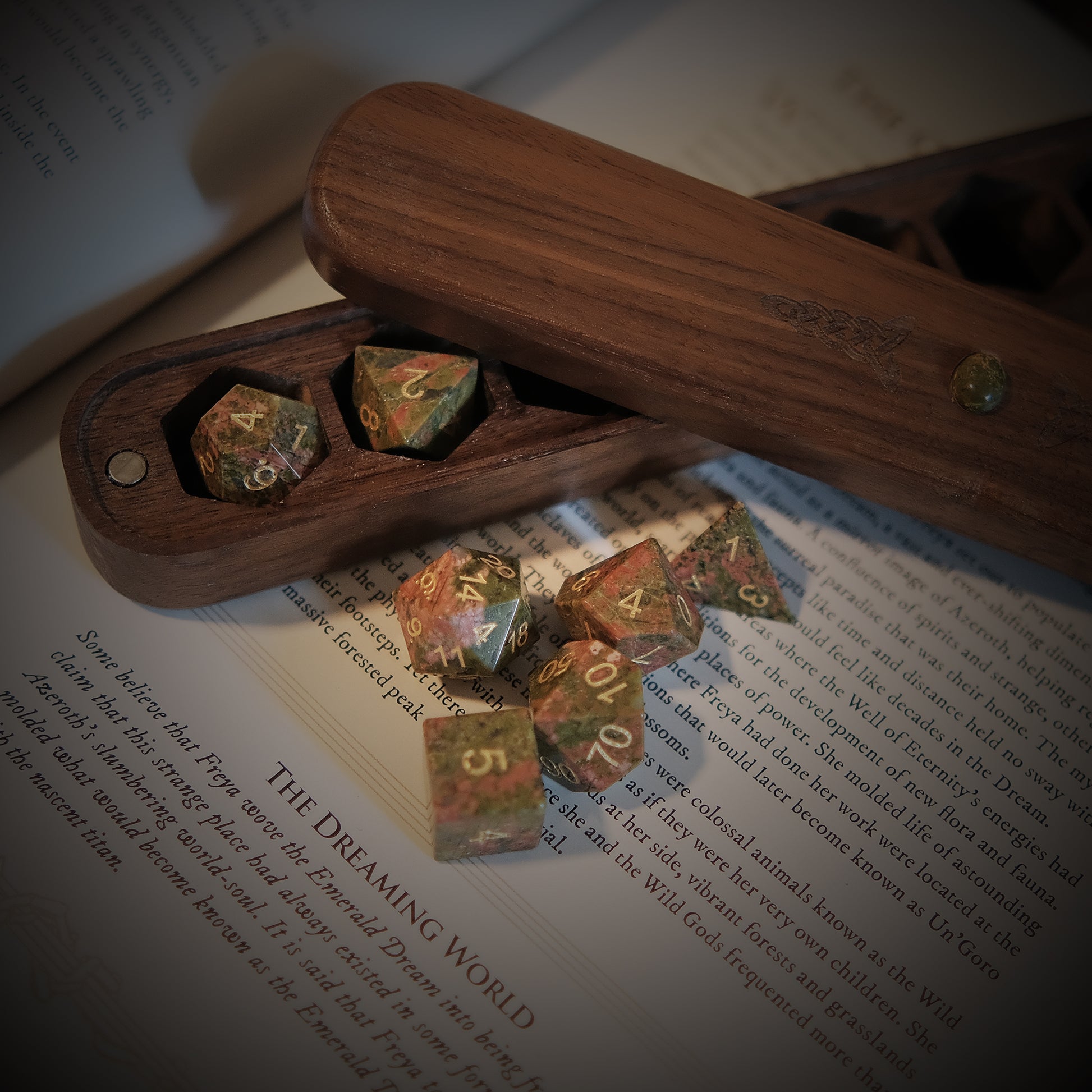 Natural Unakite Gemstone Dice Set of 7. Unique Green Dice. Game accessories for table-top game, board game and rpg. Gift for game lover