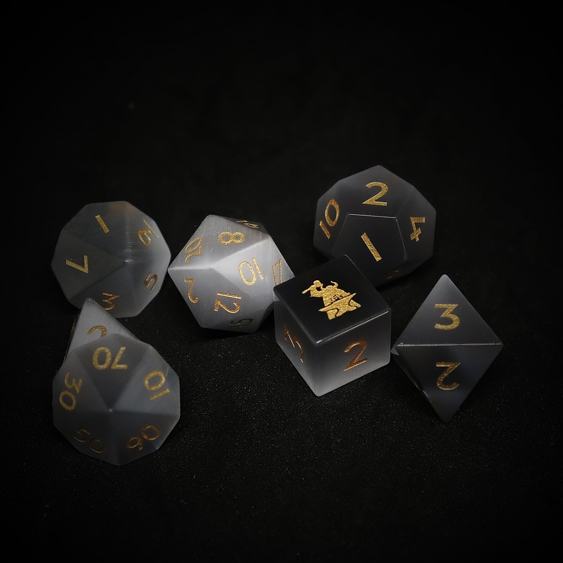 Grey Cat's Eye Gemstone Dice Set of 7 D6 with Logo. Game accessories for table-top game, board game and rpg game lover