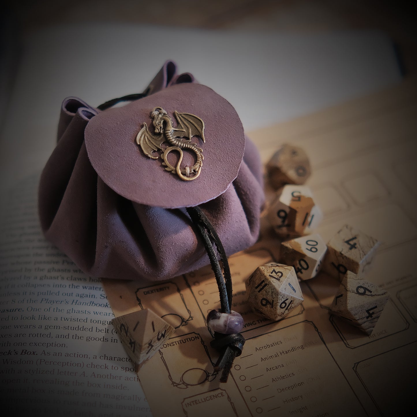 Handmade Purple Leather Metal Dragon Dice Bag Suitable For 3 Sets Of Dice Attached Amethyst Accessory. Game accessories for table-top game, board game and rpg game lover