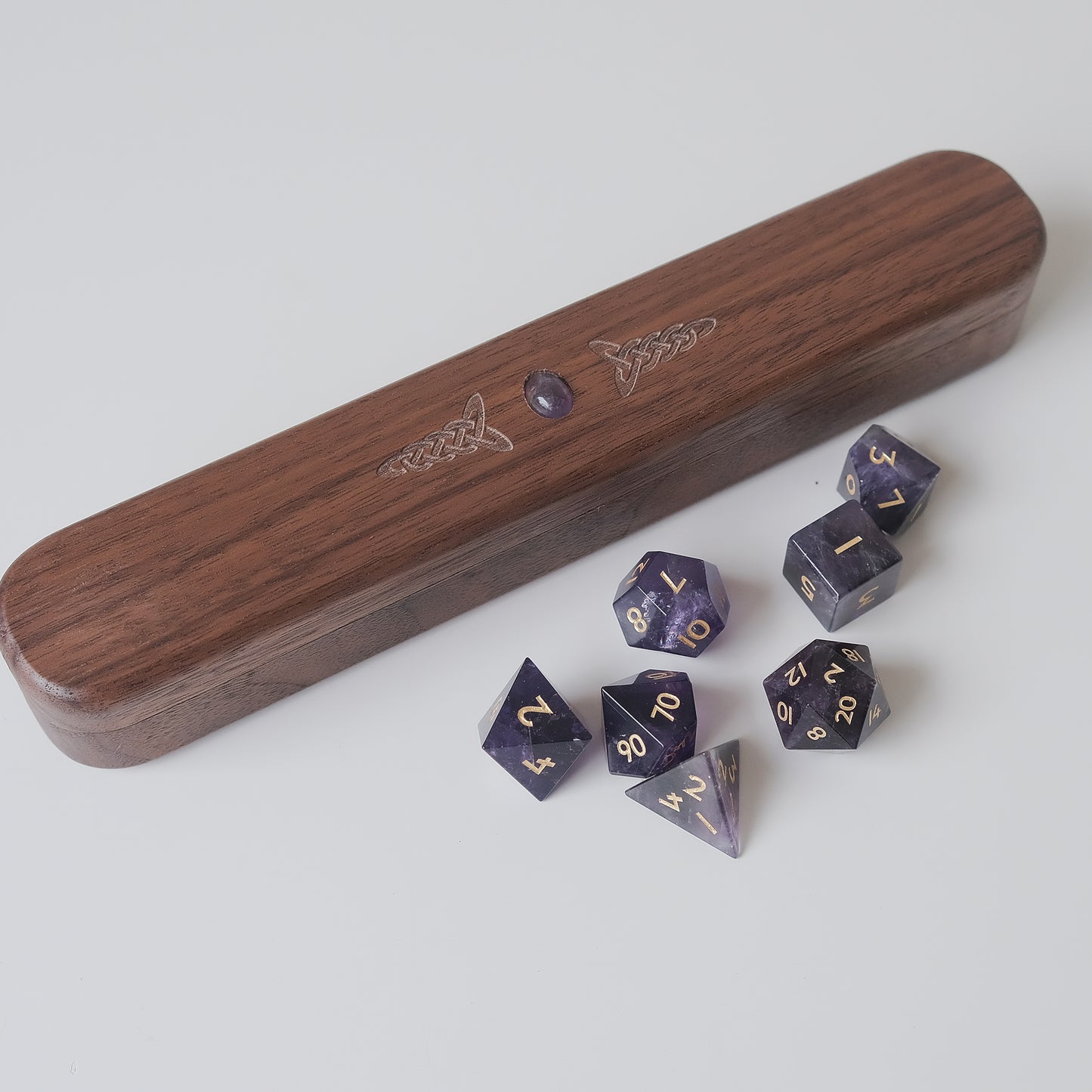 Natural Amethyst Gemstone Dice Set Wooden Box Combo / Dice Set of 7 / Black Cherry Wood Box / Dice Tray. Game accessories for table-top game, board game and rpg. Gift for game lover