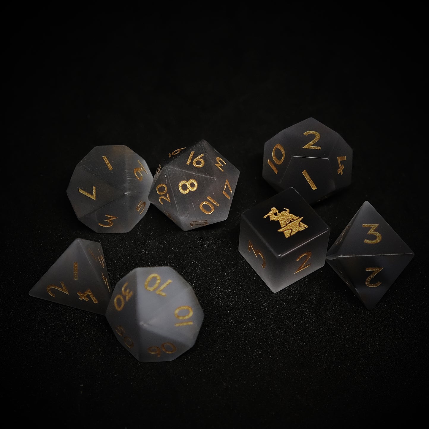 Grey Cat's Eye Gemstone Dice Set of 7 D6 with Logo