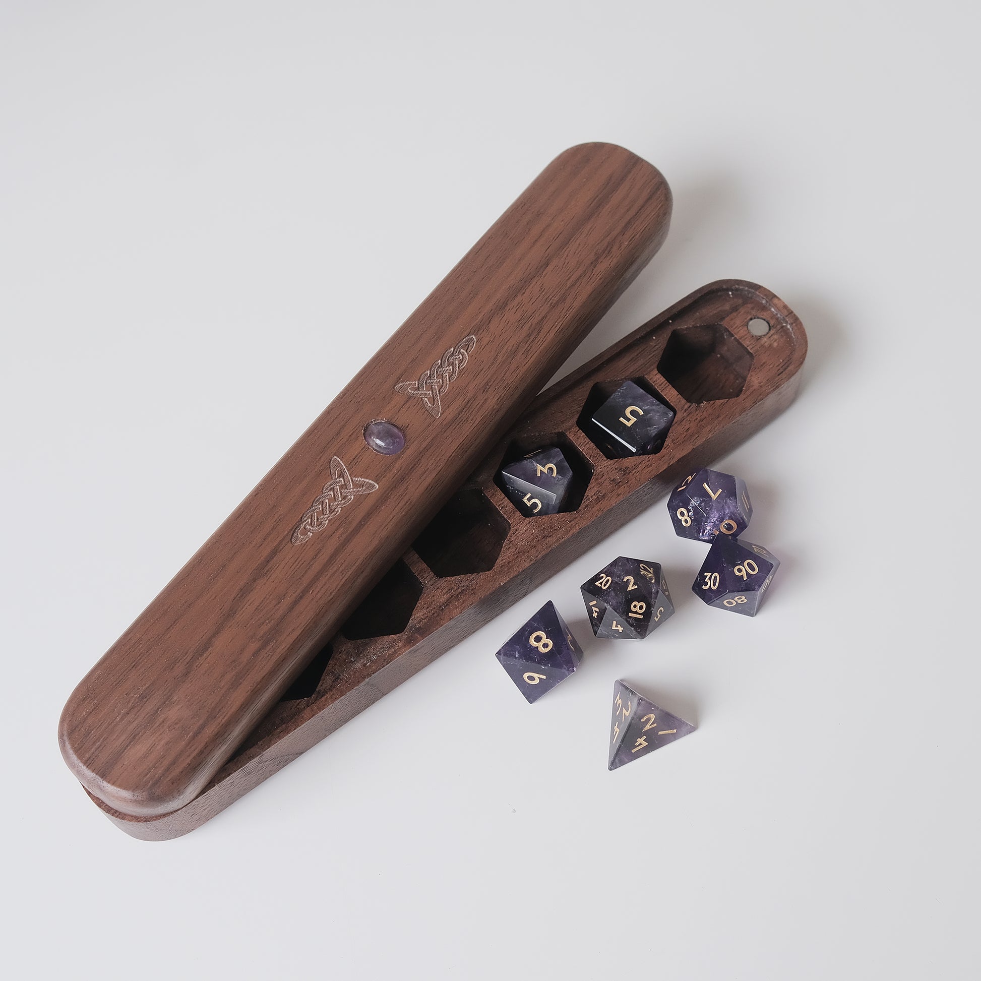 Natural Amethyst Gemstone Dice Set Wooden Box Combo / Dice Set of 7 / Black Cherry Wood Box / Dice Tray. Game accessories for table-top game, board game and rpg. Gift for game lover