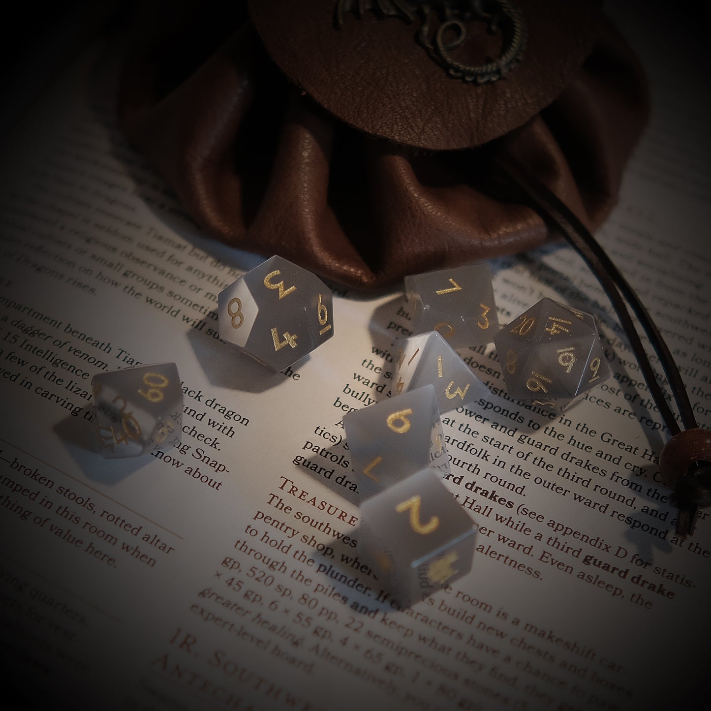 Grey Cat's Eye Gemstone Dice Set of 7 D6 with Logo