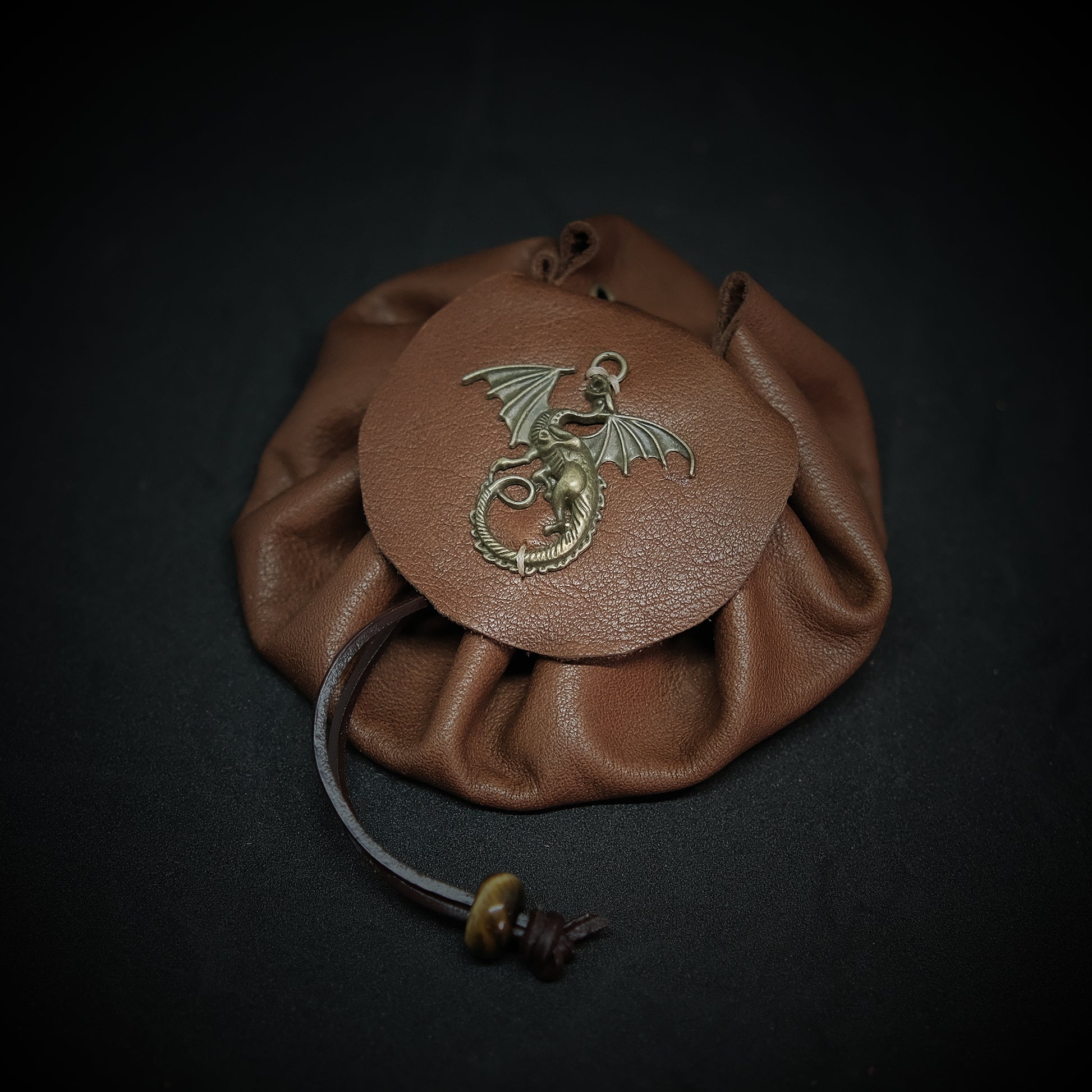 Handmade Leather Dragon Metal Dragon Dice Bag_Brown. Game accessories for table-top game, board game and rpg games