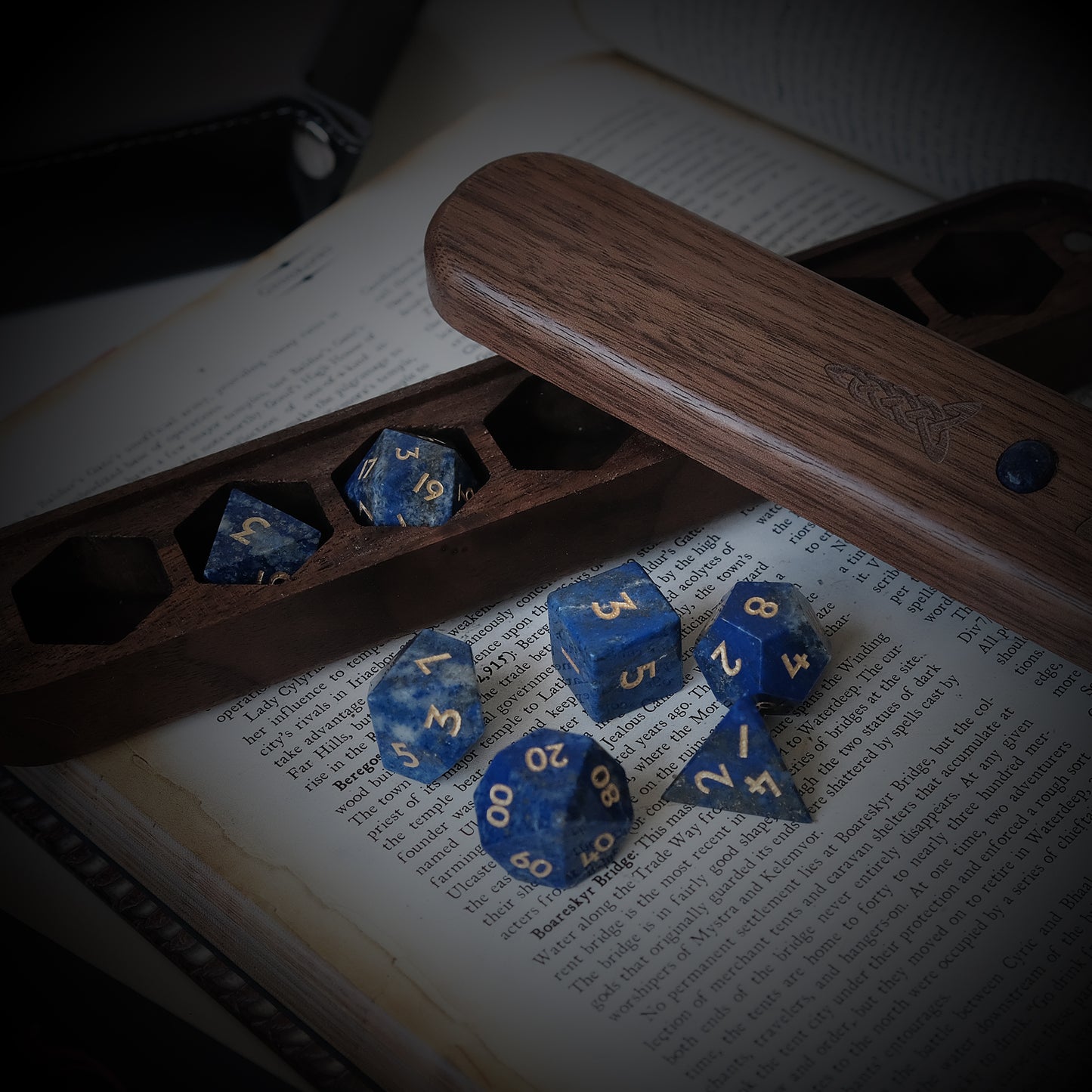 Lapis Lazuli Natural Gemstone Dice Set Wooden Box Combo / Dice Set of 7 / Black Cherry Wood Box / Dice Tray. Game accessories for table-top game, board game and rpg. Gift for game lover