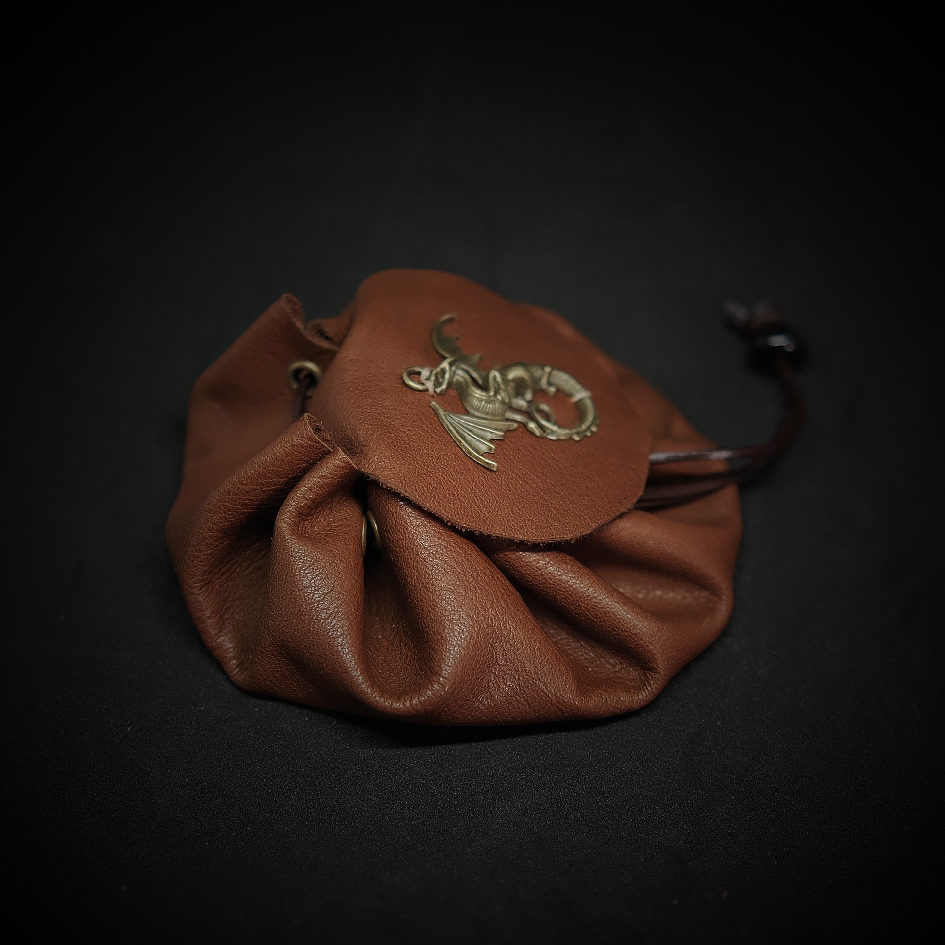 Handmade Leather Dragon Metal Dragon Dice Bag_Brown. Game accessories for table-top game, board game and rpg games