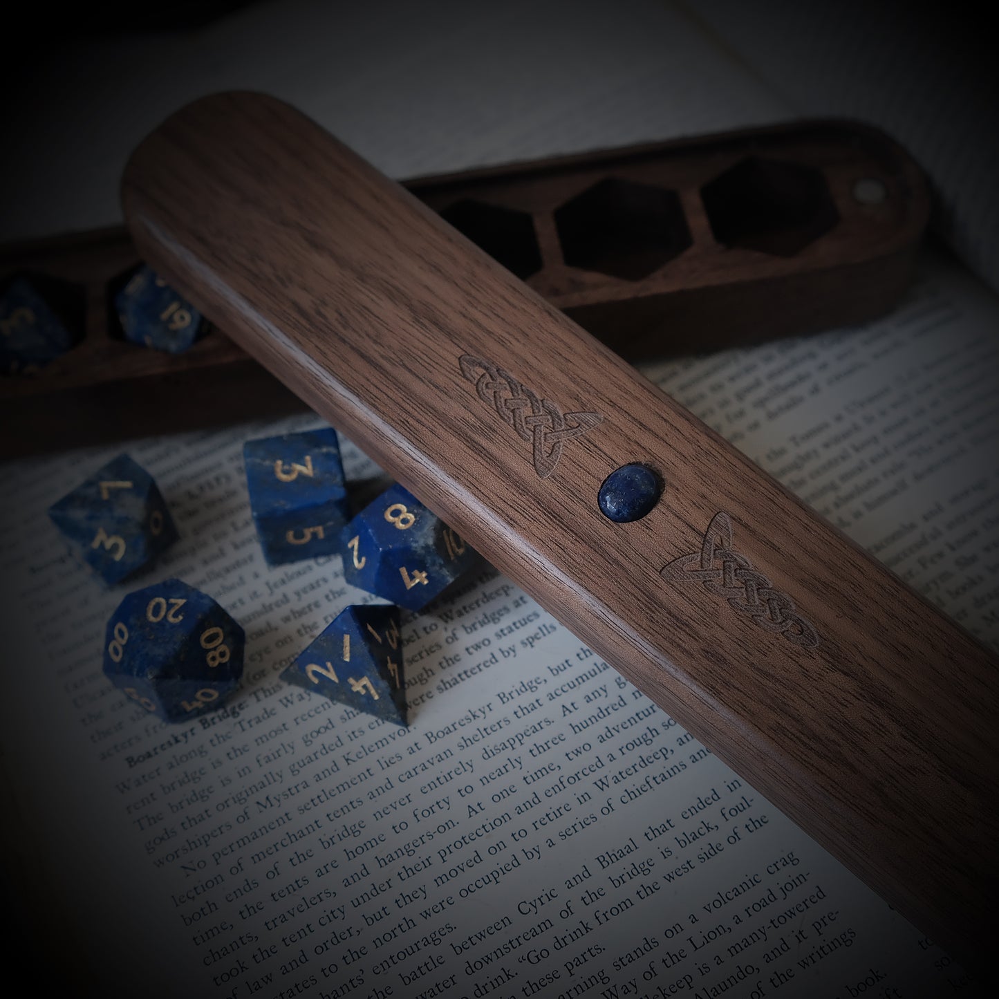 Lapis Lazuli Natural Gemstone Dice Set Wooden Box Combo / Dice Set of 7 / Black Cherry Wood Box / Dice Tray. Game accessories for table-top game, board game and rpg. Gift for game lover