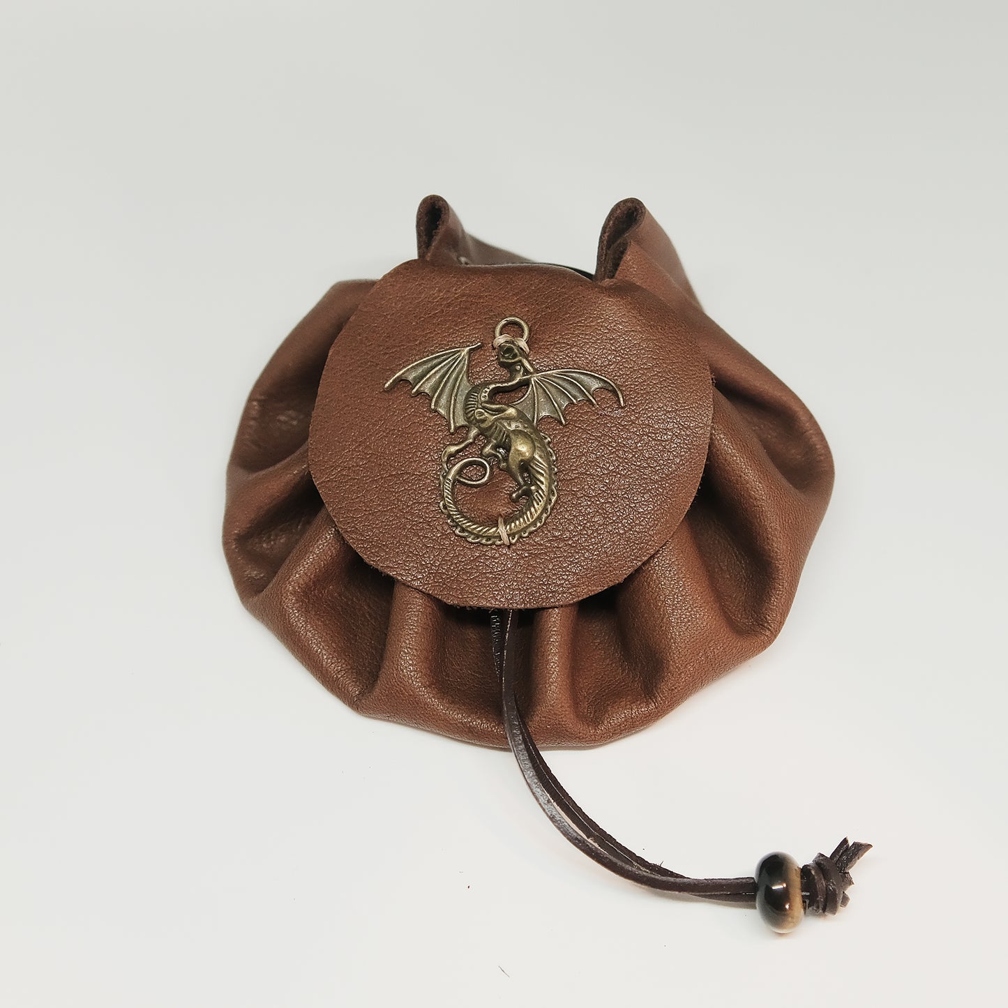 Handmade Leather Dragon Metal Dragon Dice Bag_Brown. Game accessories for table-top game, board game and rpg games