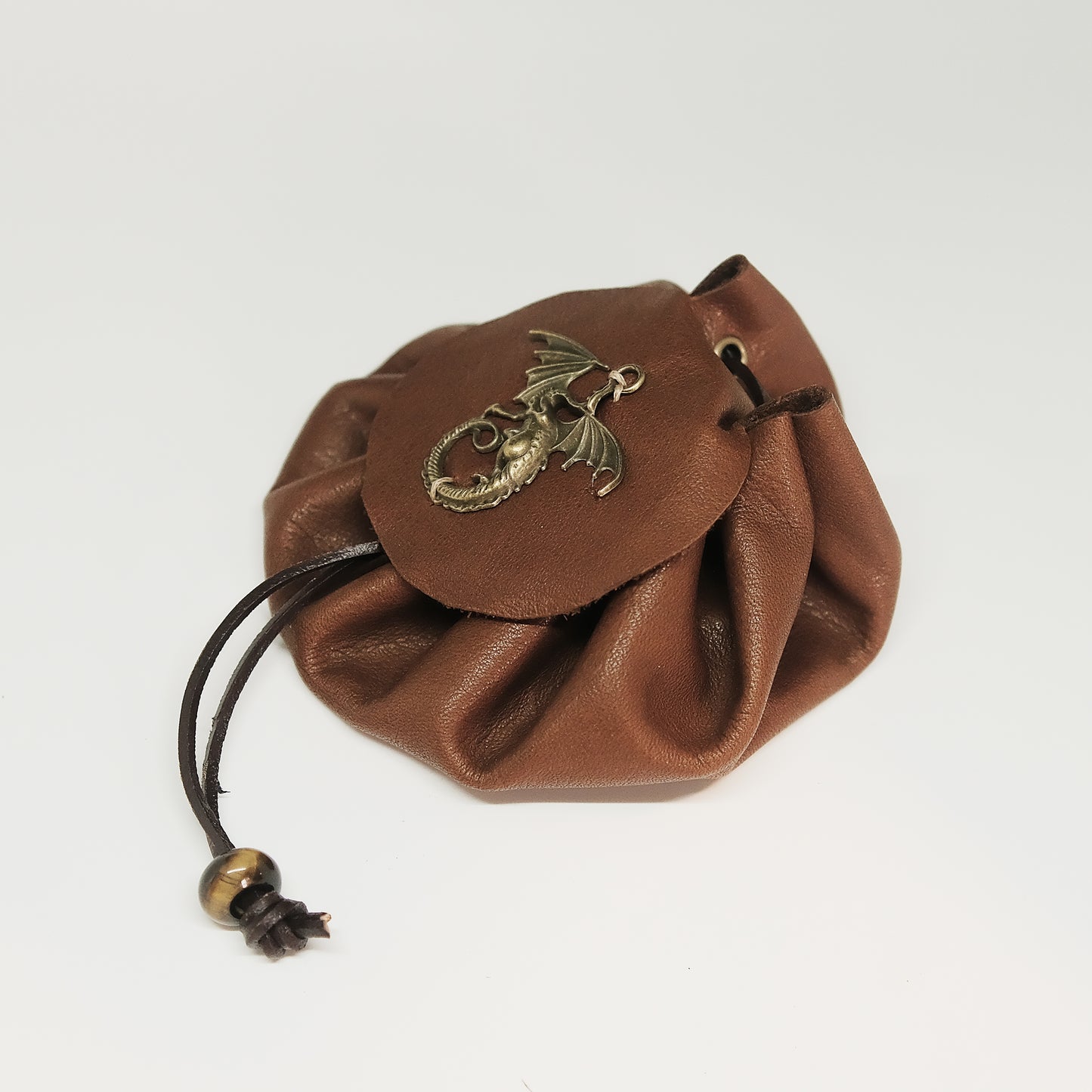 Handmade Leather Dragon Metal Dragon Dice Bag_Brown. Game accessories for table-top game, board game and rpg games